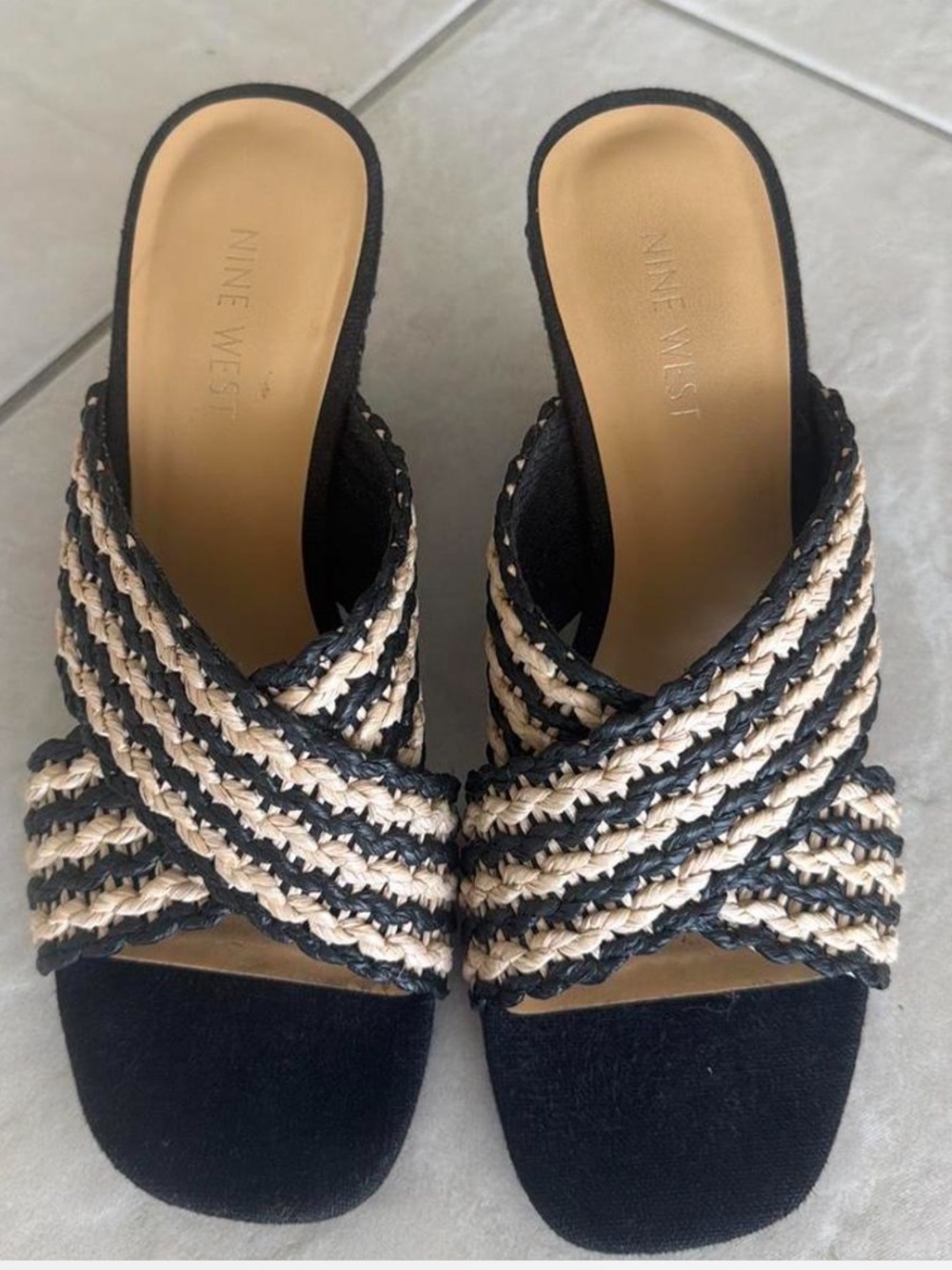 Nine West Black and Beige Braided Slide Mules
